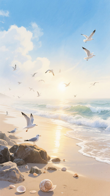 晨光洒在沙滩成群海鸥展翅掠过浪尖