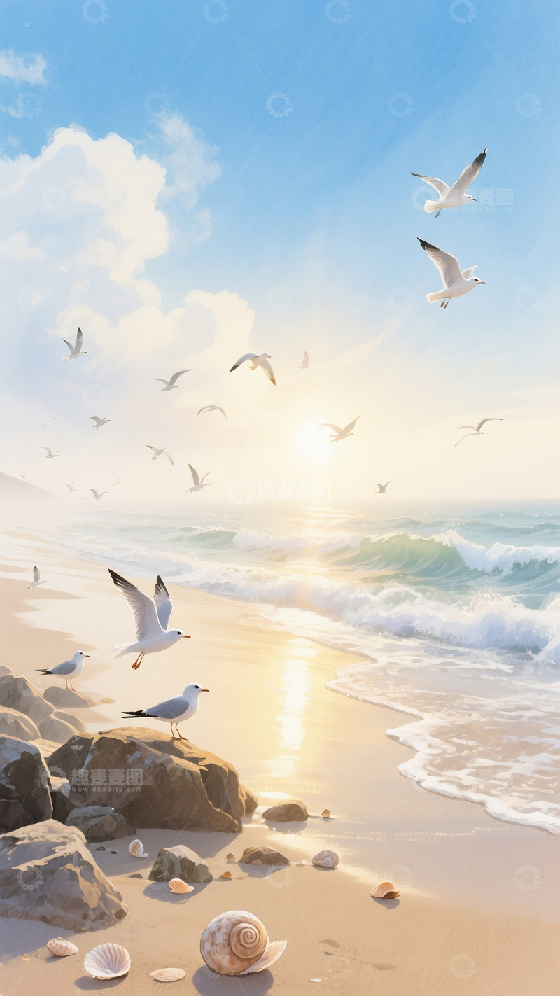 高清大图下载【趣麦麦图】晨光洒在沙滩成群海鸥展翅掠过浪尖