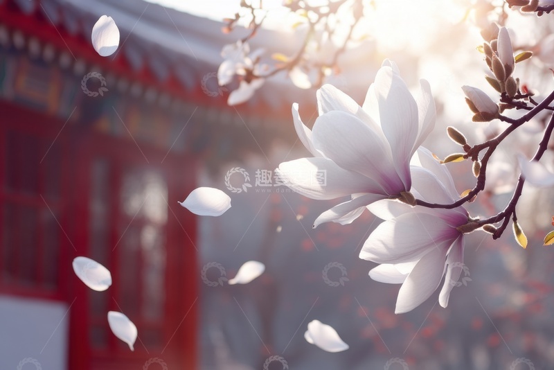 高清大图下载【趣麦麦图】古建筑前盛开的玉兰花