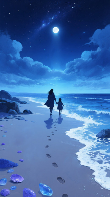 夜空下的静谧海滩发光蓝眼泪