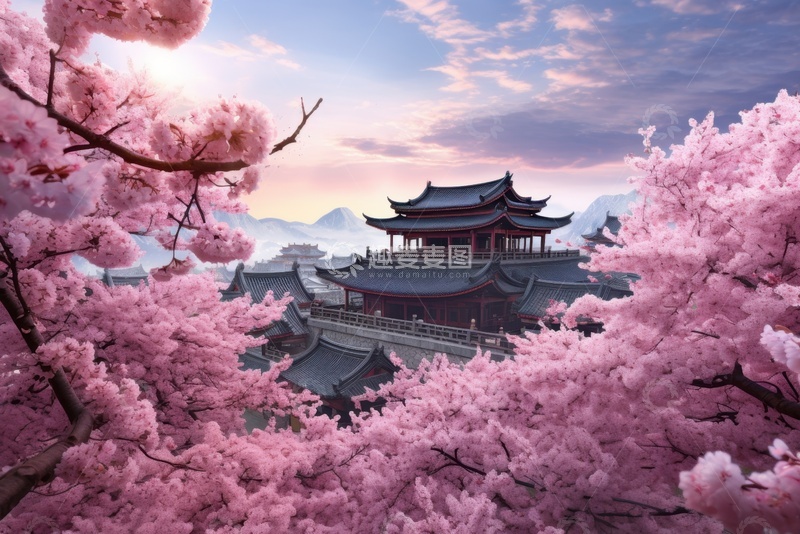 高清大图下载【趣麦麦图】桃花树枝塔楼美景