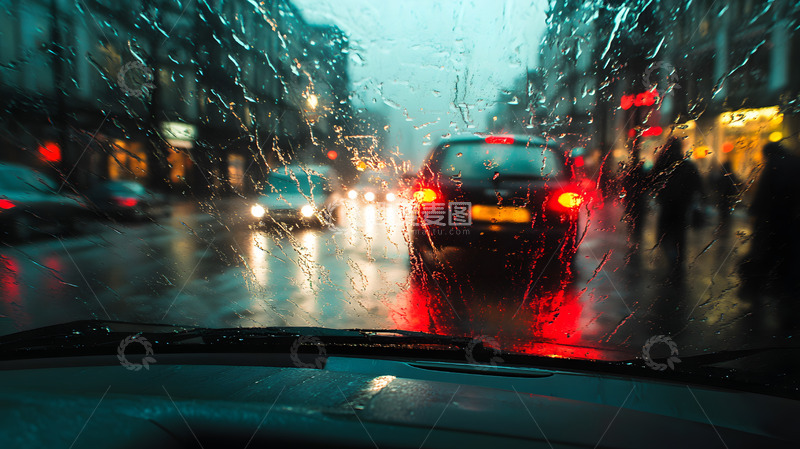 雨天汛期城市街道车内摄影图1
