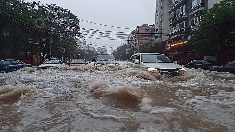 高清大图下载【趣麦麦图】雨天汛期城市街道内涝灾害摄影图