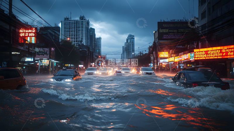 高清大图下载【趣麦麦图】雨天汛期城市街道内涝灾害摄影图1