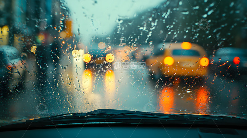 雨天汛期城市街道车内摄影图