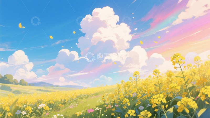 高清大图下载【趣麦麦图】春日花田：梦幻云彩与金黄花海