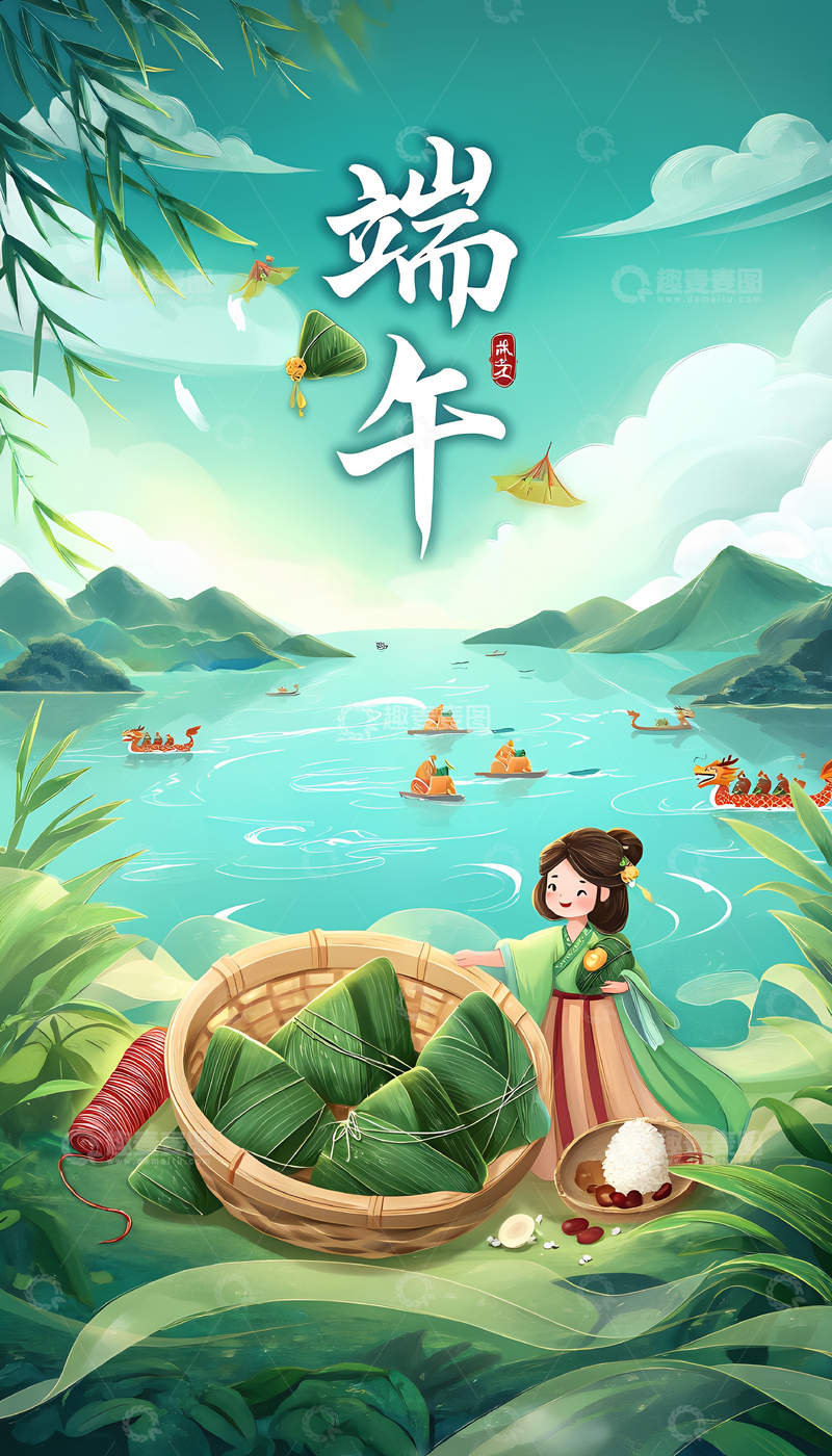 高清大图下载【趣麦麦图】创意端午节卡通插画海报2