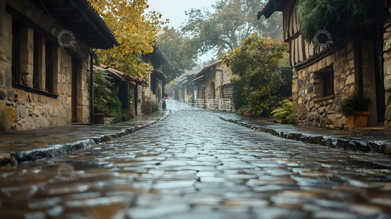 高清大图下载【趣麦麦图】雨天石砖路城镇风貌2