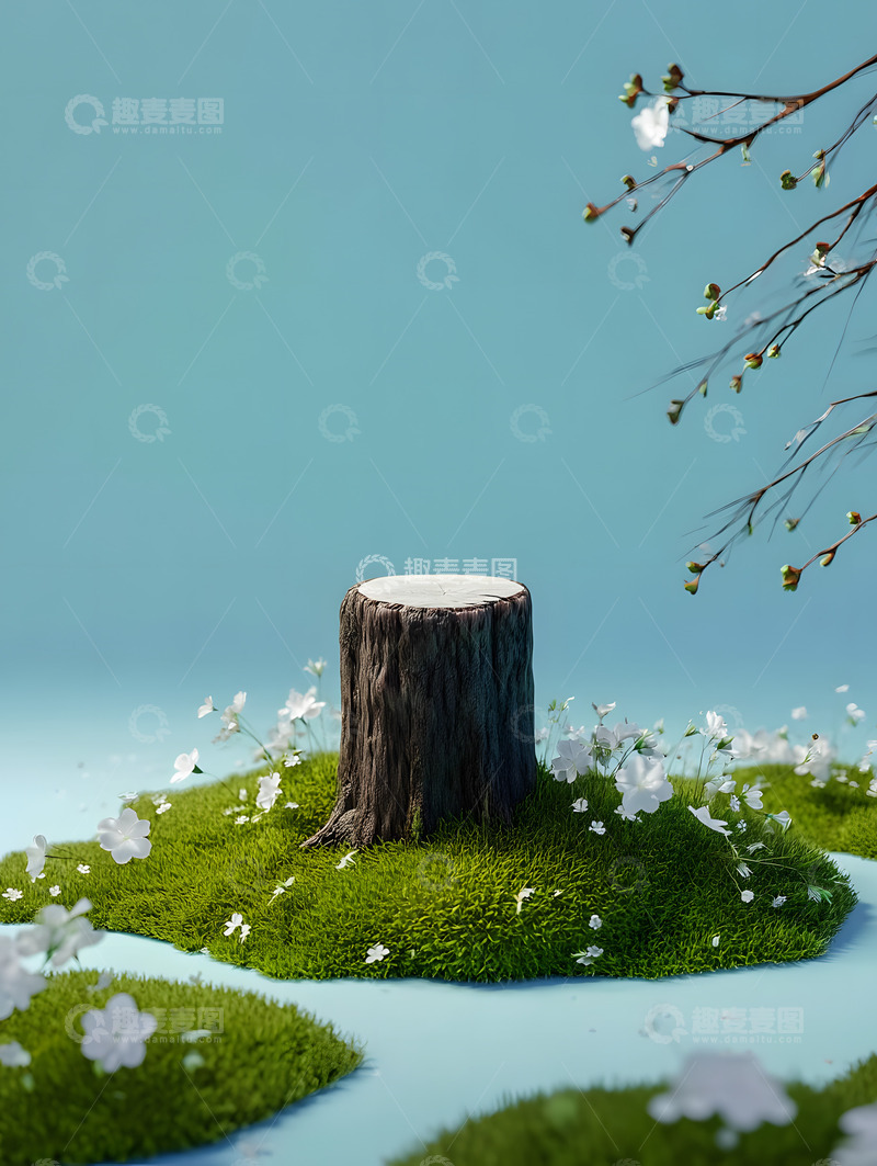 高清大图下载【趣麦麦图】春天树桩圆台电商背景