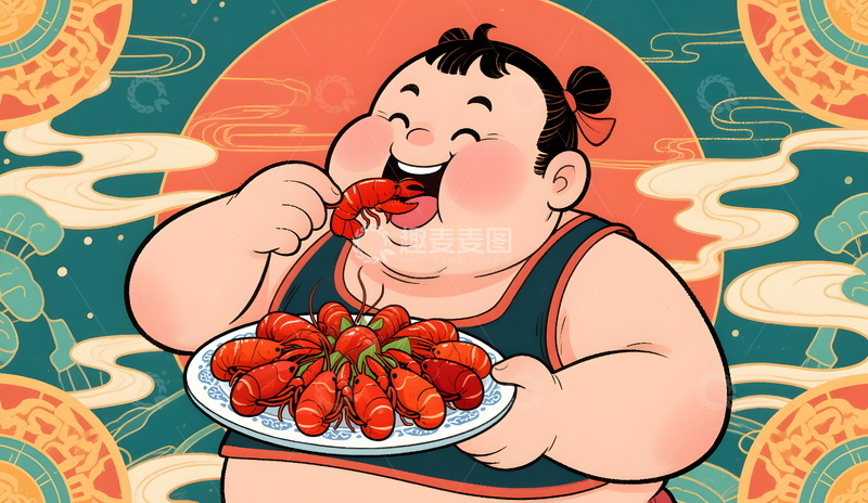 高清大图下载【趣麦麦图】国潮风小龙虾手绘插画海报1