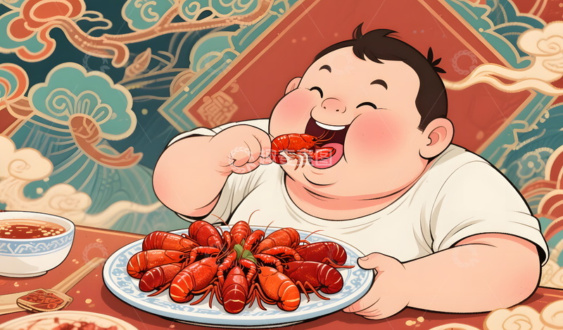 高清大图下载【趣麦麦图】国潮风小龙虾手绘插画海报2