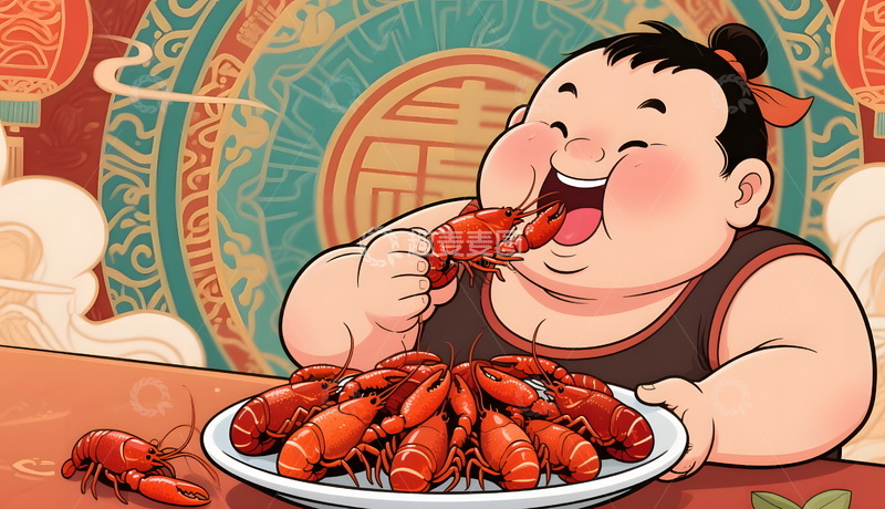高清大图下载【趣麦麦图】国潮风小龙虾手绘插画海报