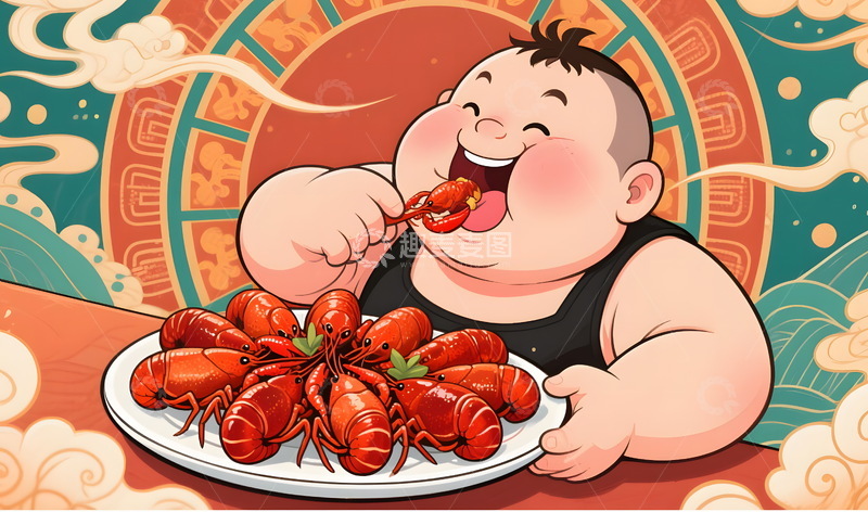 高清大图下载【趣麦麦图】国潮风小龙虾手绘插画海报4