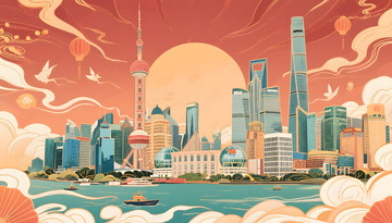 国潮风上海城市建筑地标手绘插画海报