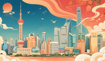 国潮风上海城市建筑地标手绘插画海报2