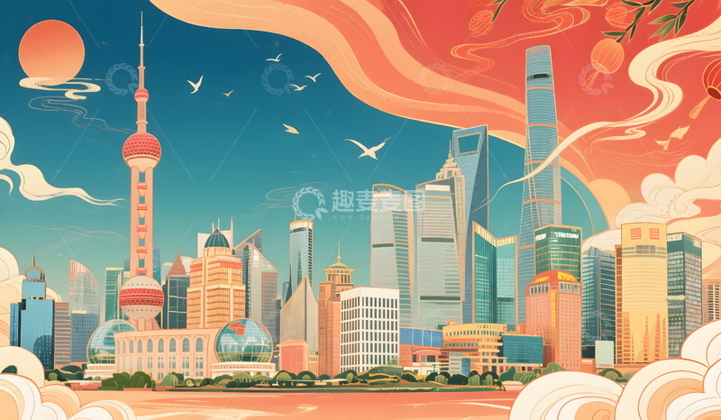 高清大图下载【趣麦麦图】国潮风上海城市建筑地标手绘插画海报2