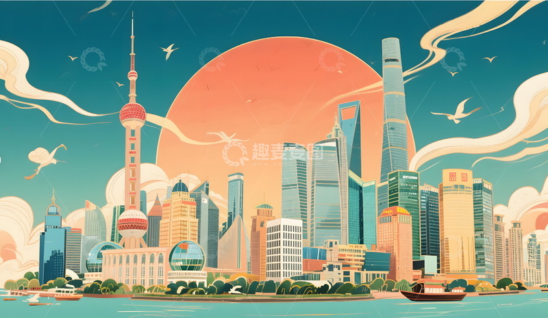 高清大图下载【趣麦麦图】国潮风上海城市建筑地标手绘插画海报1