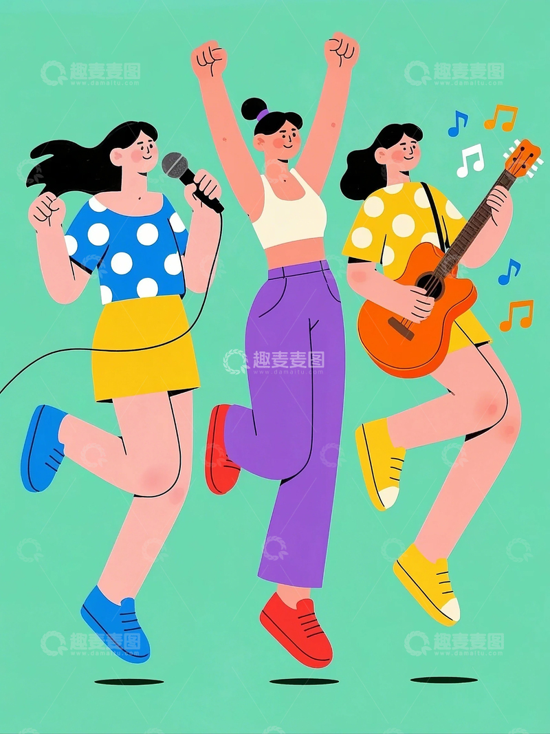 高清大图下载【趣麦麦图】扁平人物活力四射的女性呈跳跃姿态