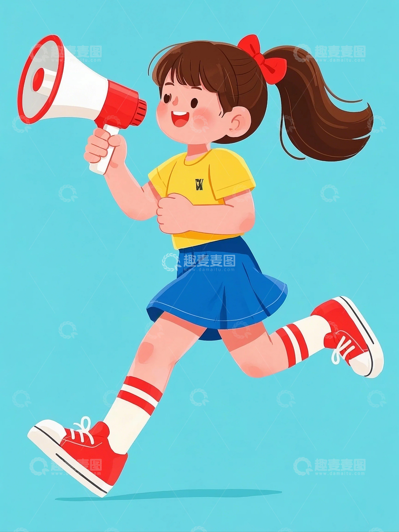 高清大图下载【趣麦麦图】小女孩手拿喇叭扁平人物通知插画