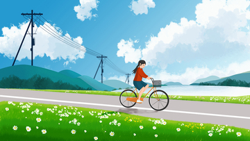 唯美野外骑车郊游插画