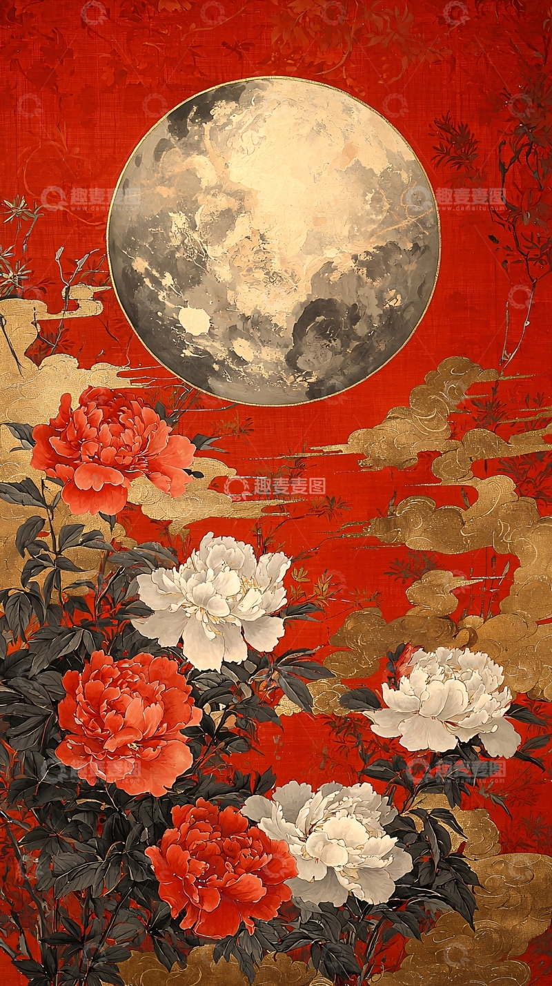 高清大图下载【趣麦麦图】红色背景下的月亮牡丹
