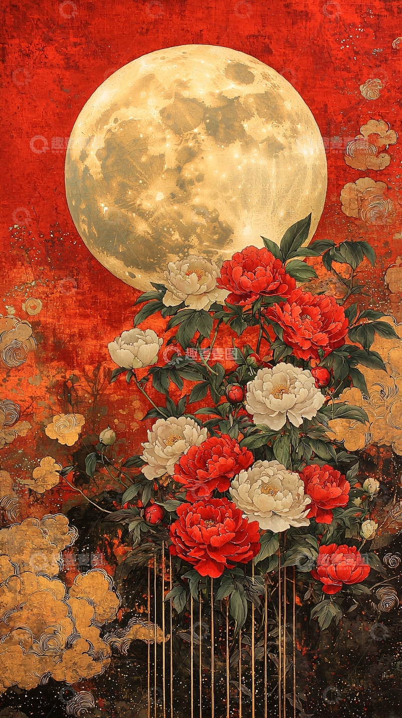 高清大图下载【趣麦麦图】红色背景下的牡丹与月亮