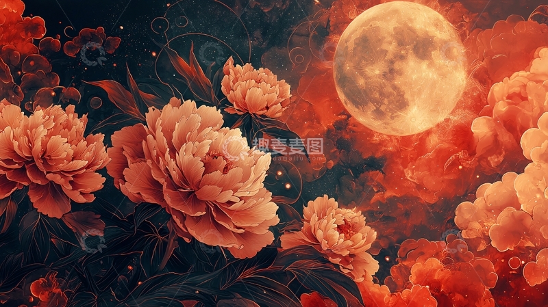 高清大图下载【趣麦麦图】牡丹花与圆月在红色云朵中