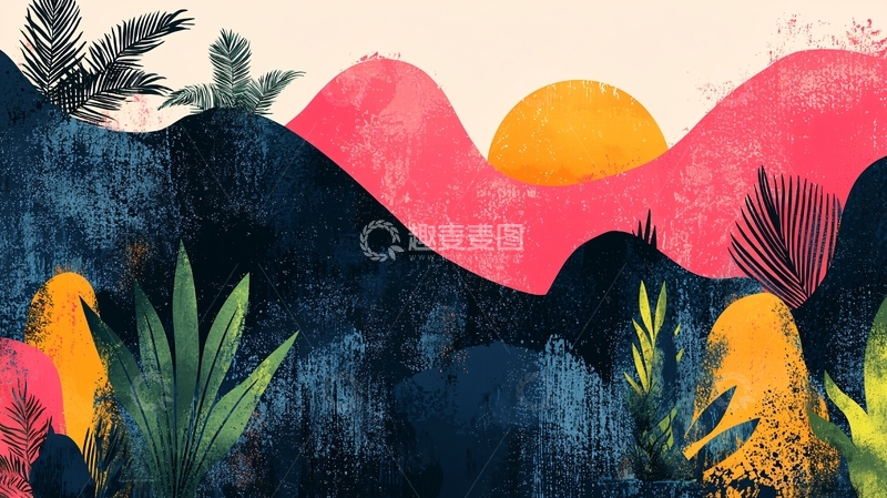 高清大图下载【趣麦麦图】抽象山水日出风景插画