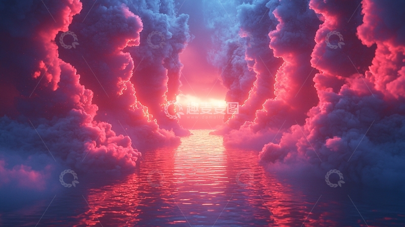 高清大图下载【趣麦麦图】粉色云朵环绕水面日落