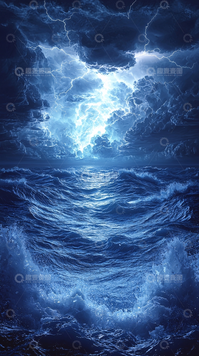 高清大图下载【趣麦麦图】雷雨夜海面波涛汹涌