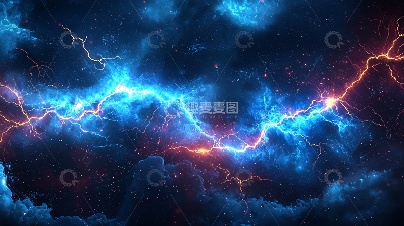 高清大图下载【趣麦麦图】蓝色闪电穿梭黑暗云层