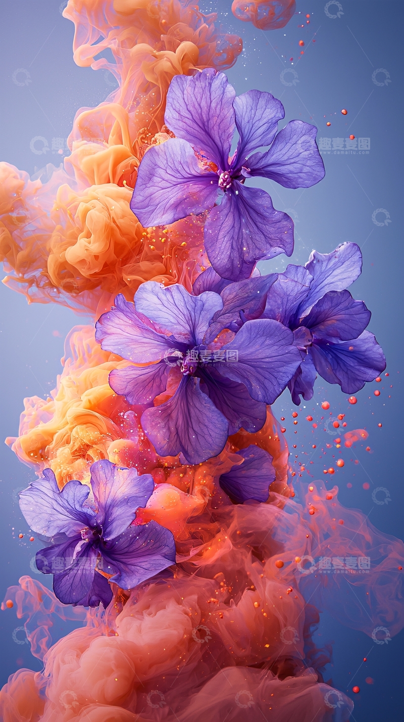 高清大图下载【趣麦麦图】紫色花朵与橙色烟雾