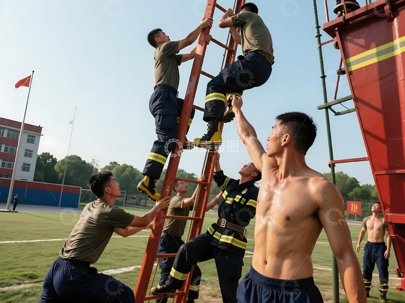 消防员户外体能训练协作画面