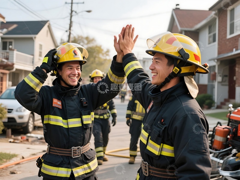 高清大图下载【趣麦麦图】消防员户外任务后庆祝互动