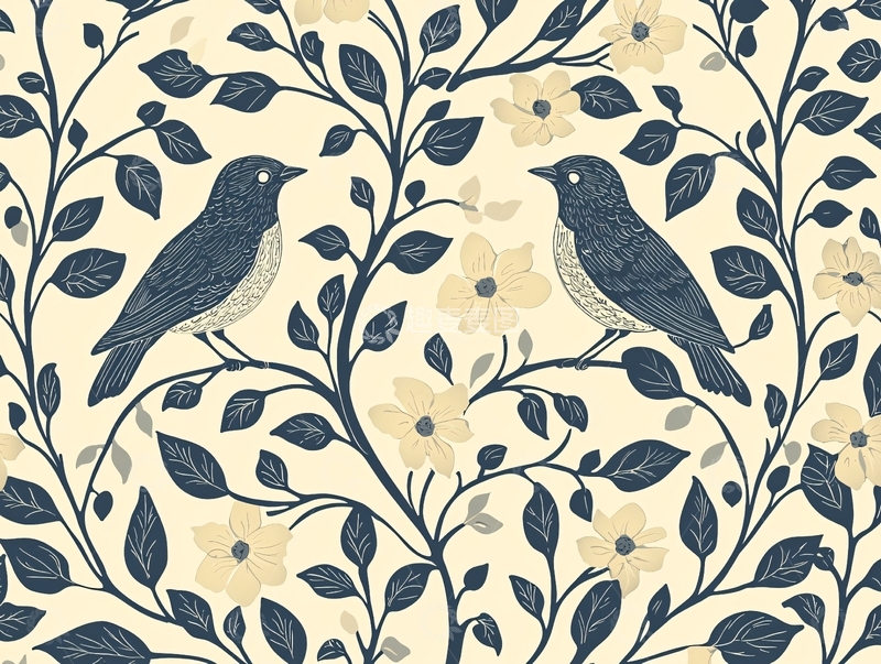 高清大图下载【趣麦麦图】复古花鸟壁纸图案