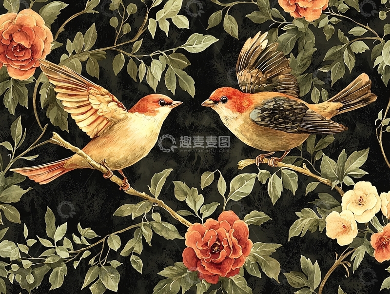 高清大图下载【趣麦麦图】两只小鸟在花丛中