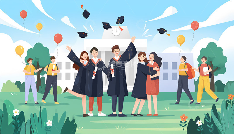 高清大图下载【趣麦麦图】创意卡通青春校园毕业季手绘插画