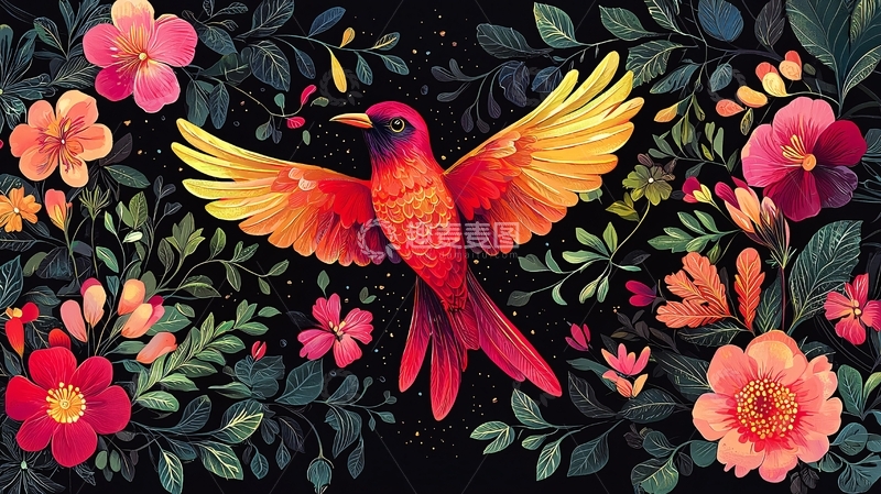 高清大图下载【趣麦麦图】彩色鸟和花卉的插画