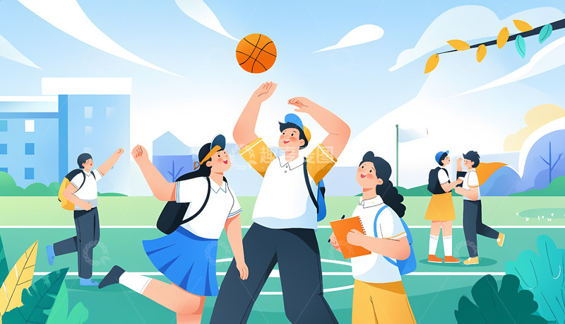 高清大图下载【趣麦麦图】创意卡通青春校园运动手绘插画
