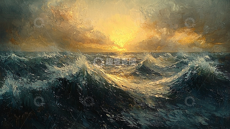 高清大图下载【趣麦麦图】波涛汹涌的海面与金色天空