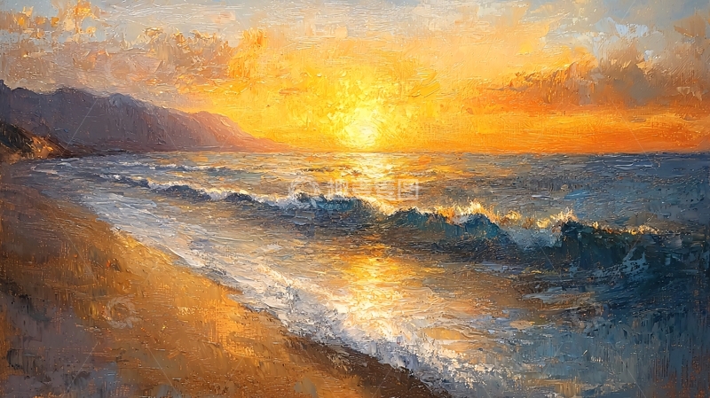 高清大图下载【趣麦麦图】金色沙滩的日落海景