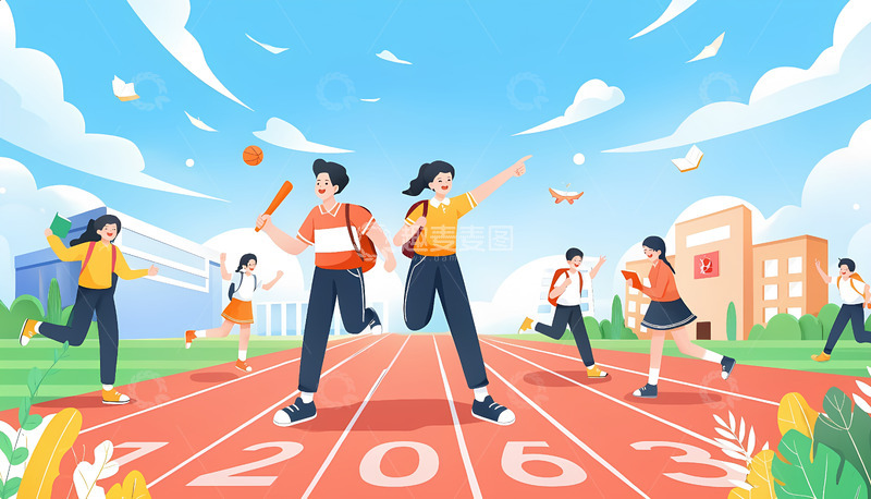 高清大图下载【趣麦麦图】-创意卡通青春校园奔跑手绘插画