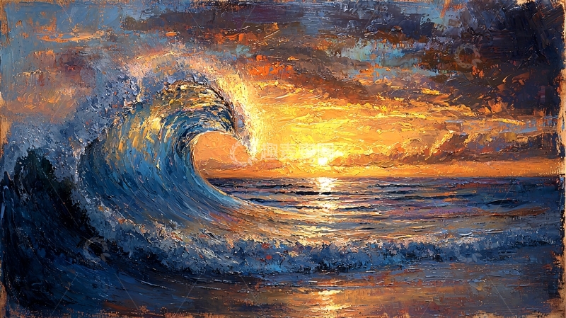 高清大图下载【趣麦麦图】海浪日落油画风格
