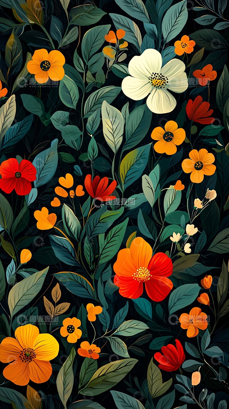 高清大图下载【趣麦麦图】繁茂花卉绿叶暗色背景