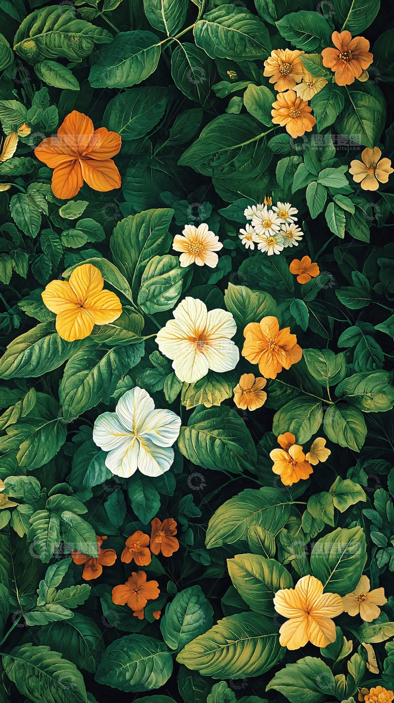 高清大图下载【趣麦麦图】繁茂叶片中的各色花朵