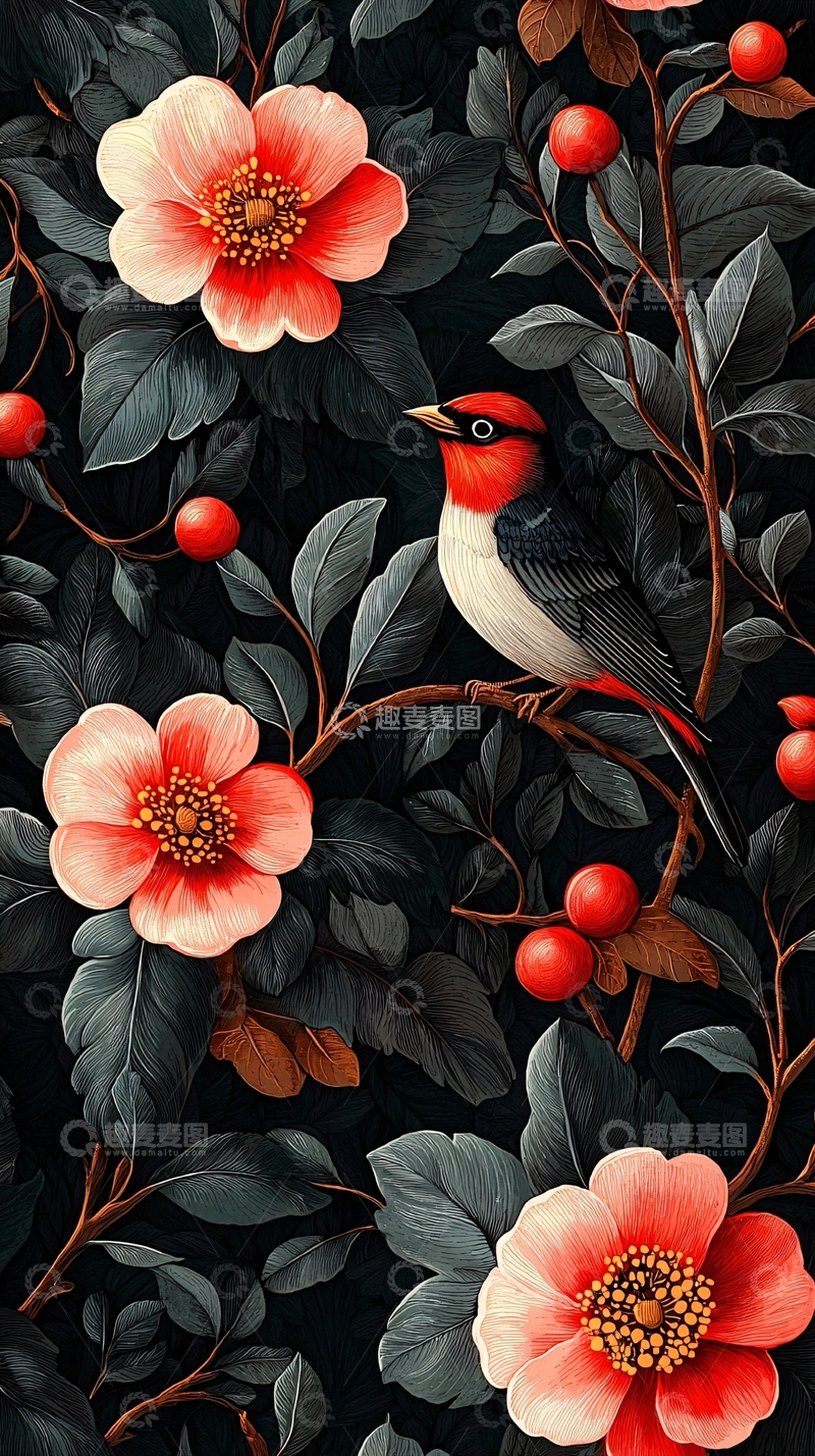 高清大图下载【趣麦麦图】鸟儿栖息在花丛中