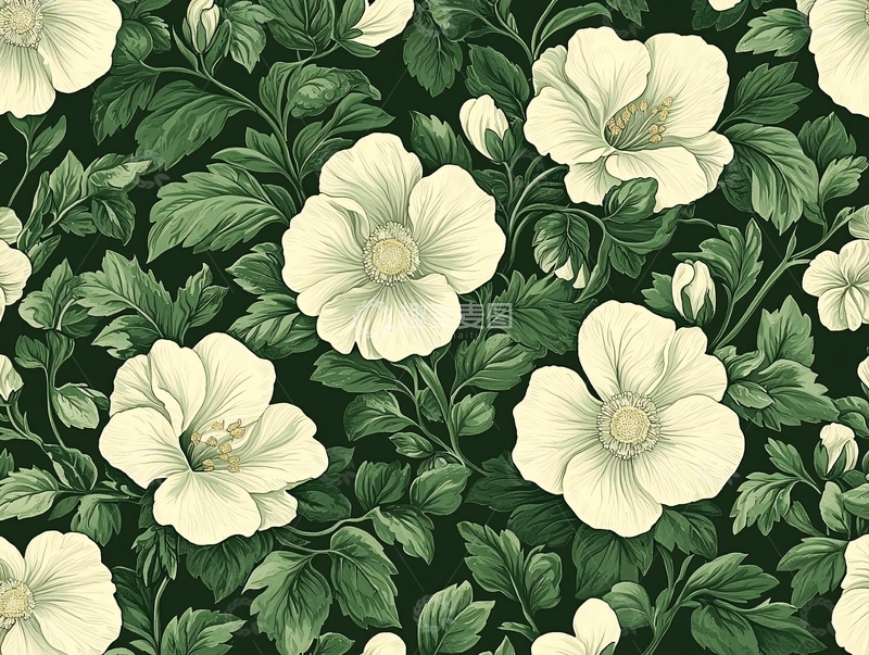 高清大图下载【趣麦麦图】白色花朵与绿色叶子图案