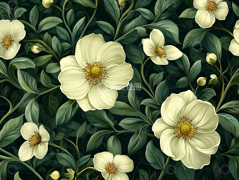 高清大图下载【趣麦麦图】白色花朵绿叶繁茂背景