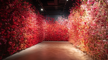 红色花朵墙壁通道