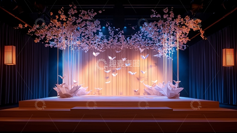 高清大图下载【趣麦麦图】舞台上白色花卉装饰与灯光
